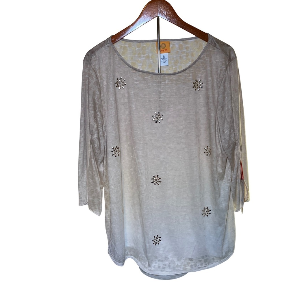 Ruby Rd. Embellished Burnout Top Women XL Beige NEW Leopard 3/4 Sleeve Blouse